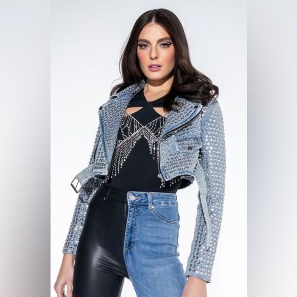 - AZALEA WANG GAZETTE 3000 STUDS MOTO JACKET IN DENIM NWT MULTIPLE - Picture 11 of 11